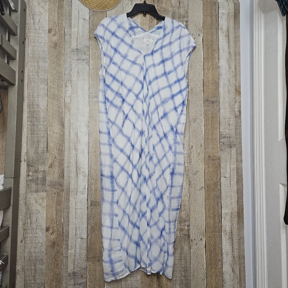 Pullover Short Sleeves Blue Plaid Maxi Beach Dress Beachy Cover-up Size Large - Picture 1 of 10